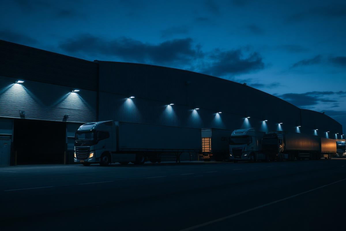 Distribution warehouse with trucks at twilight